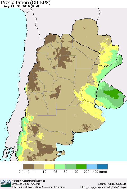 Southern South America Precipitation (CHIRPS) Thematic Map For 8/21/2018 - 8/31/2018