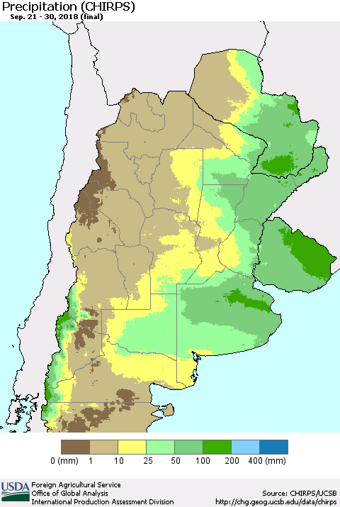 Southern South America Precipitation (CHIRPS) Thematic Map For 9/21/2018 - 9/30/2018