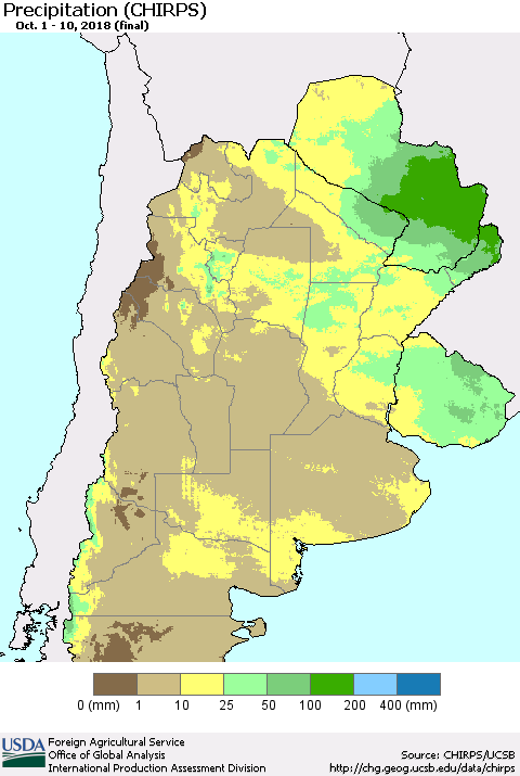 Southern South America Precipitation (CHIRPS) Thematic Map For 10/1/2018 - 10/10/2018