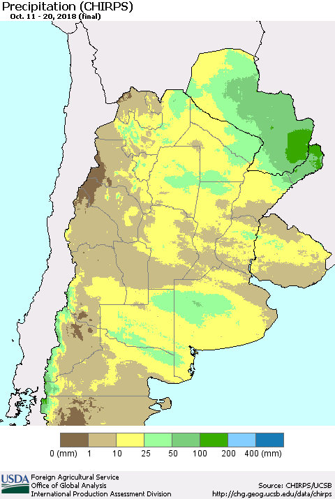 Southern South America Precipitation (CHIRPS) Thematic Map For 10/11/2018 - 10/20/2018