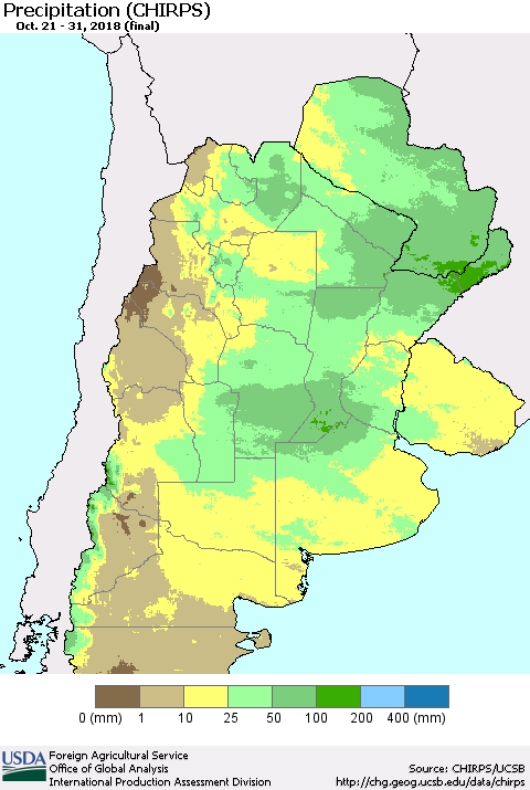Southern South America Precipitation (CHIRPS) Thematic Map For 10/21/2018 - 10/31/2018