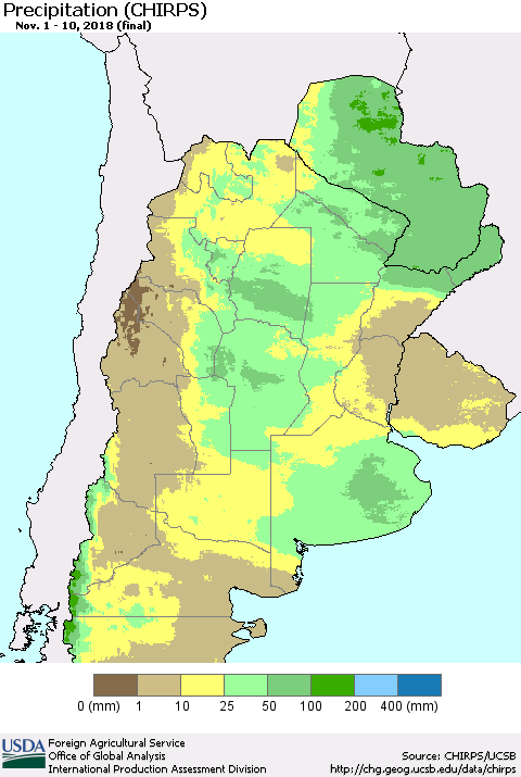 Southern South America Precipitation (CHIRPS) Thematic Map For 11/1/2018 - 11/10/2018