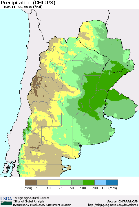 Southern South America Precipitation (CHIRPS) Thematic Map For 11/11/2018 - 11/20/2018