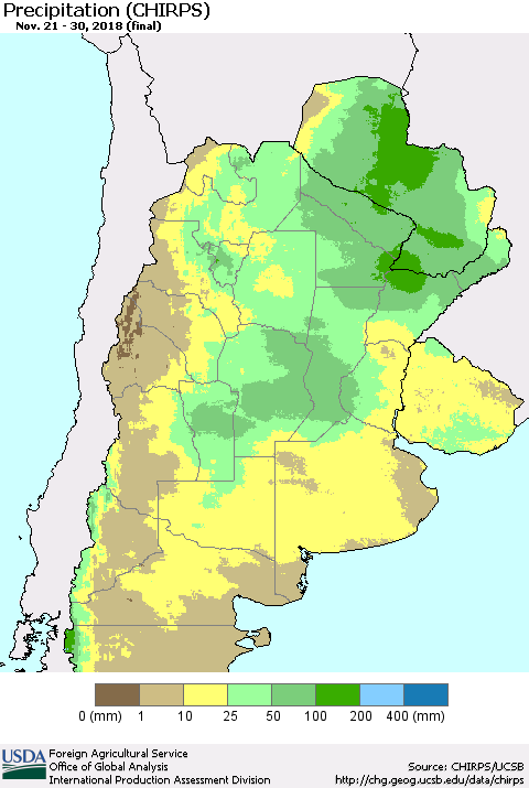 Southern South America Precipitation (CHIRPS) Thematic Map For 11/21/2018 - 11/30/2018