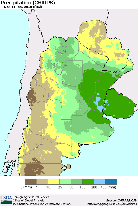 Southern South America Precipitation (CHIRPS) Thematic Map For 12/11/2018 - 12/20/2018