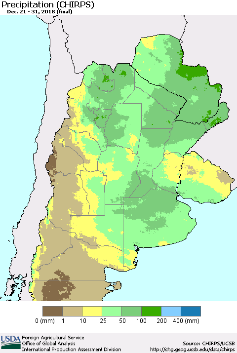 Southern South America Precipitation (CHIRPS) Thematic Map For 12/21/2018 - 12/31/2018