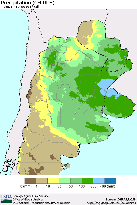 Southern South America Precipitation (CHIRPS) Thematic Map For 1/1/2019 - 1/10/2019