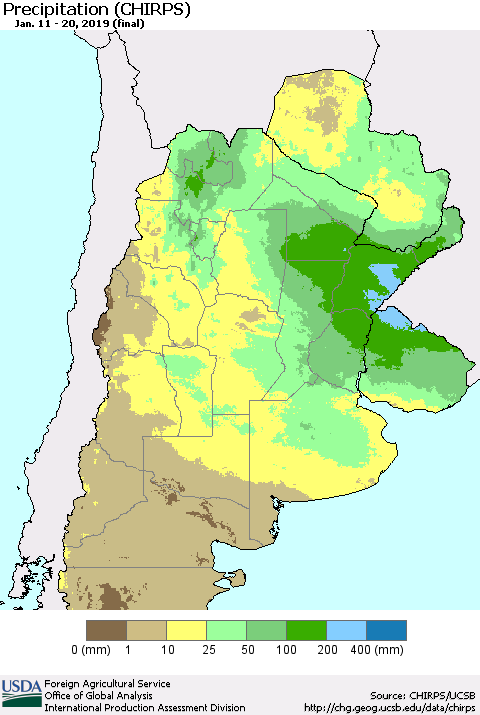 Southern South America Precipitation (CHIRPS) Thematic Map For 1/11/2019 - 1/20/2019