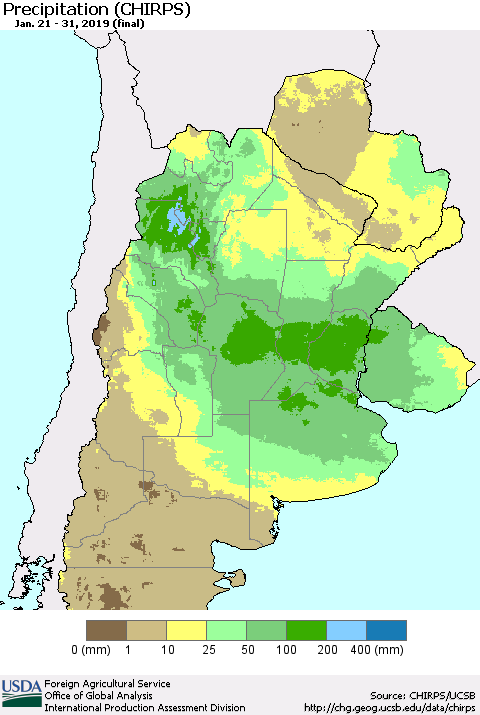 Southern South America Precipitation (CHIRPS) Thematic Map For 1/21/2019 - 1/31/2019