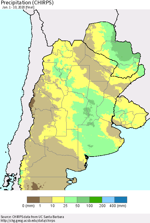 Southern South America Precipitation (CHIRPS) Thematic Map For 1/1/2020 - 1/10/2020