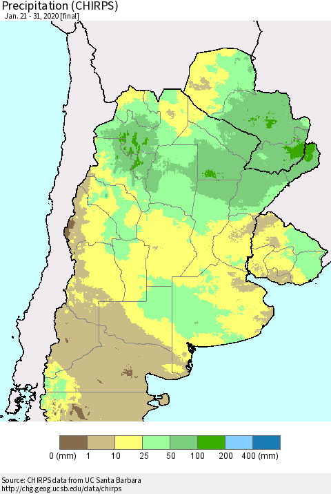 Southern South America Precipitation (CHIRPS) Thematic Map For 1/21/2020 - 1/31/2020