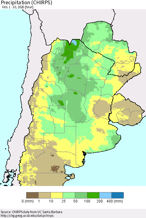 Southern South America Precipitation (CHIRPS) Thematic Map For 2/1/2020 - 2/10/2020