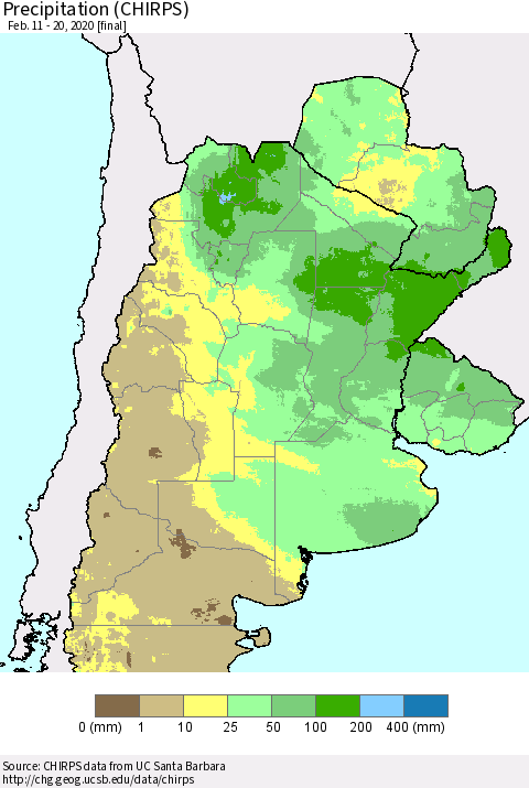 Southern South America Precipitation (CHIRPS) Thematic Map For 2/11/2020 - 2/20/2020