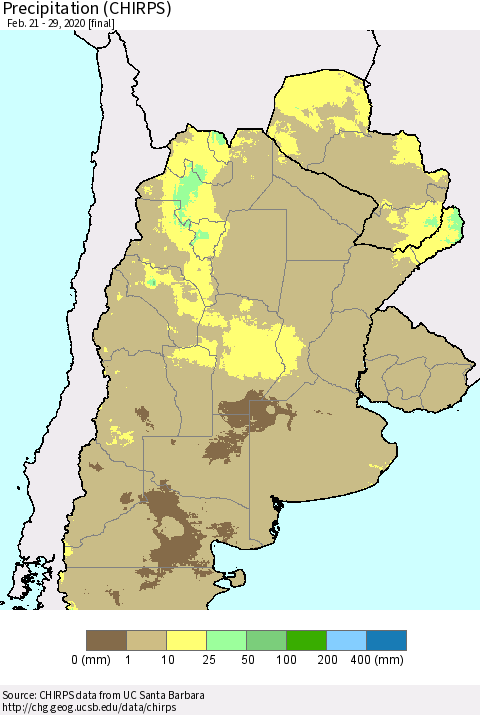 Southern South America Precipitation (CHIRPS) Thematic Map For 2/21/2020 - 2/29/2020