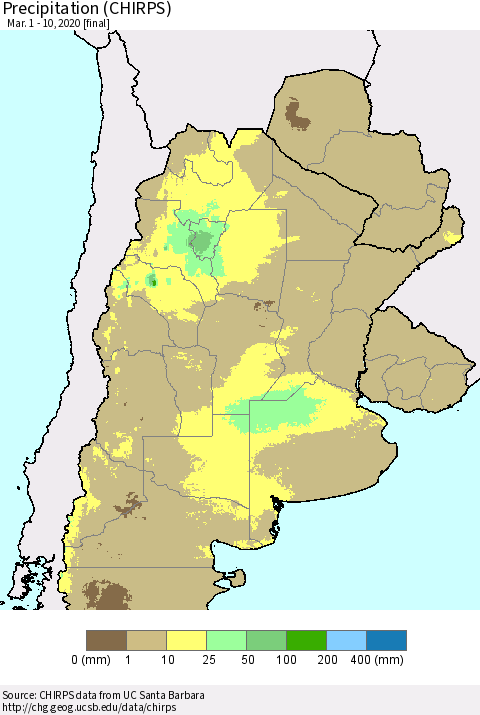 Southern South America Precipitation (CHIRPS) Thematic Map For 3/1/2020 - 3/10/2020
