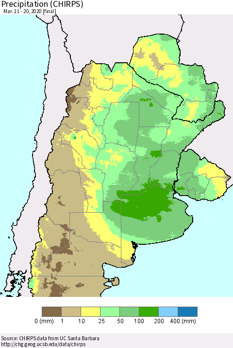 Southern South America Precipitation (CHIRPS) Thematic Map For 3/11/2020 - 3/20/2020