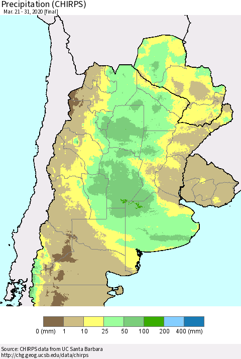 Southern South America Precipitation (CHIRPS) Thematic Map For 3/21/2020 - 3/31/2020