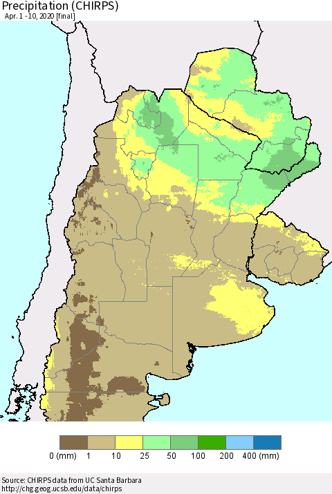 Southern South America Precipitation (CHIRPS) Thematic Map For 4/1/2020 - 4/10/2020