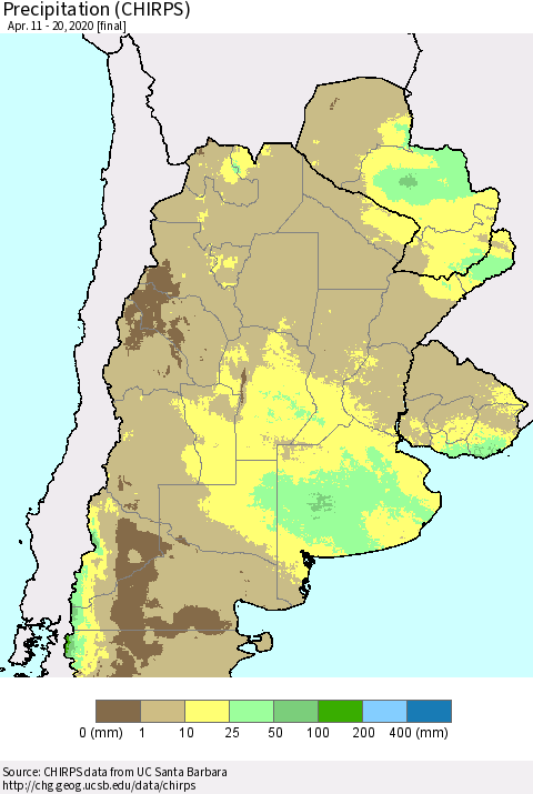 Southern South America Precipitation (CHIRPS) Thematic Map For 4/11/2020 - 4/20/2020