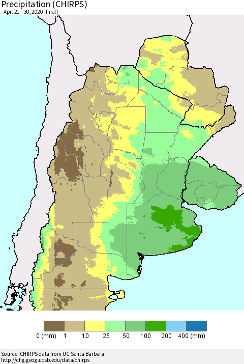 Southern South America Precipitation (CHIRPS) Thematic Map For 4/21/2020 - 4/30/2020