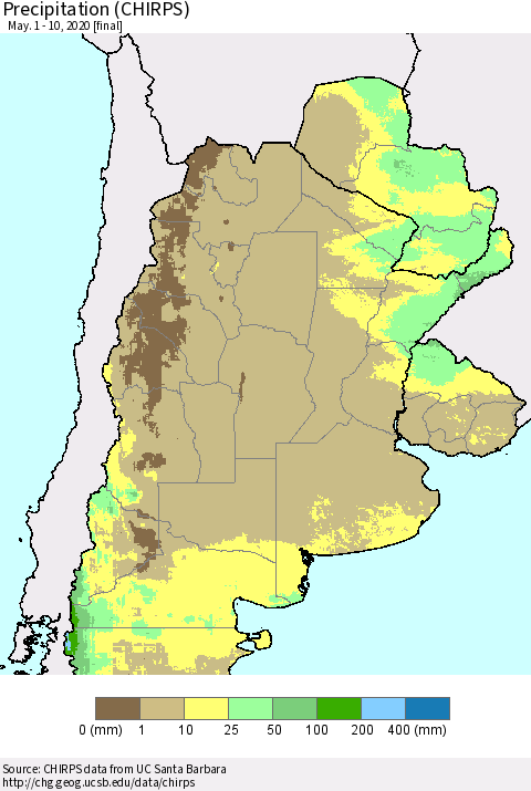 Southern South America Precipitation (CHIRPS) Thematic Map For 5/1/2020 - 5/10/2020