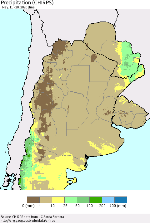 Southern South America Precipitation (CHIRPS) Thematic Map For 5/11/2020 - 5/20/2020