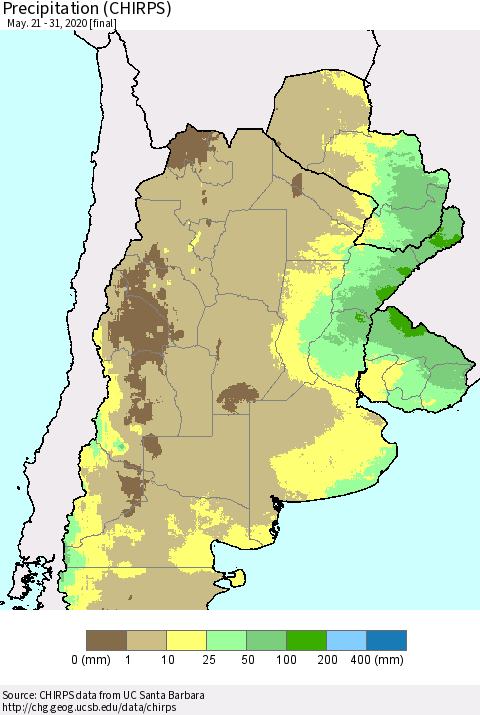 Southern South America Precipitation (CHIRPS) Thematic Map For 5/21/2020 - 5/31/2020
