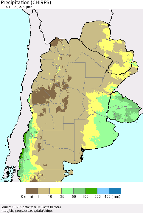 Southern South America Precipitation (CHIRPS) Thematic Map For 6/11/2020 - 6/20/2020
