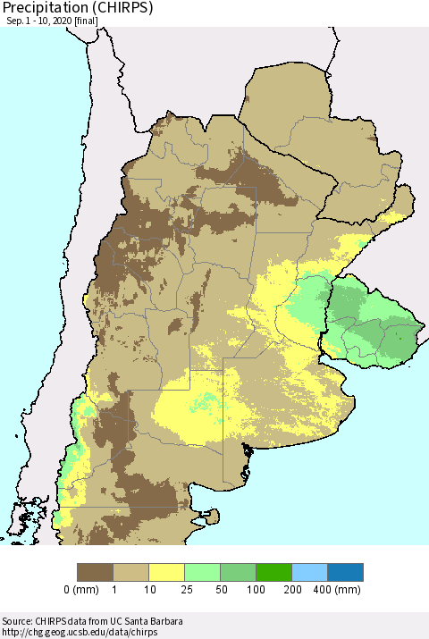 Southern South America Precipitation (CHIRPS) Thematic Map For 9/1/2020 - 9/10/2020