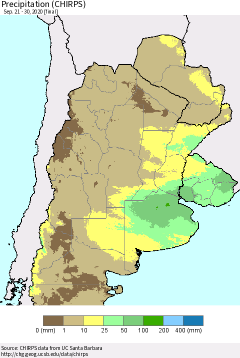 Southern South America Precipitation (CHIRPS) Thematic Map For 9/21/2020 - 9/30/2020