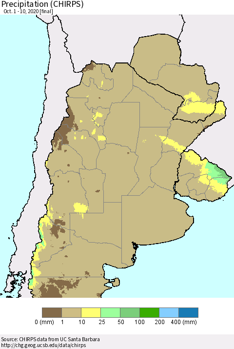 Southern South America Precipitation (CHIRPS) Thematic Map For 10/1/2020 - 10/10/2020