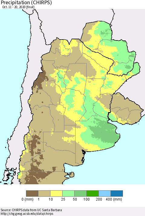 Southern South America Precipitation (CHIRPS) Thematic Map For 10/11/2020 - 10/20/2020