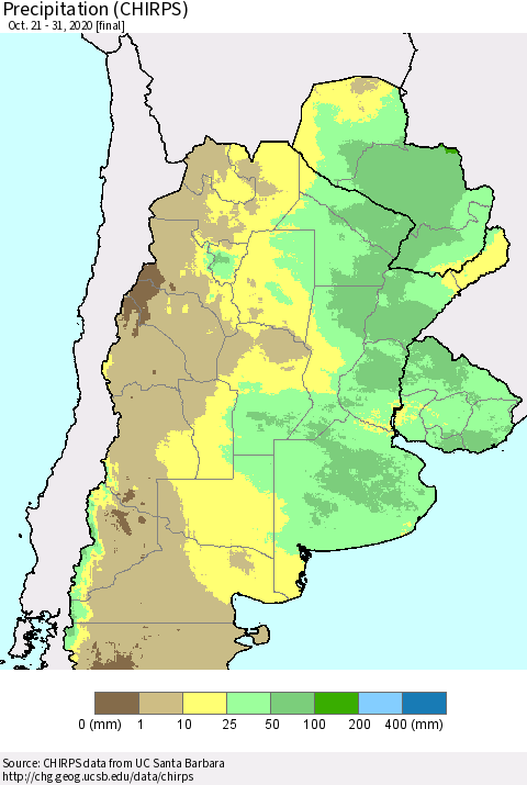 Southern South America Precipitation (CHIRPS) Thematic Map For 10/21/2020 - 10/31/2020