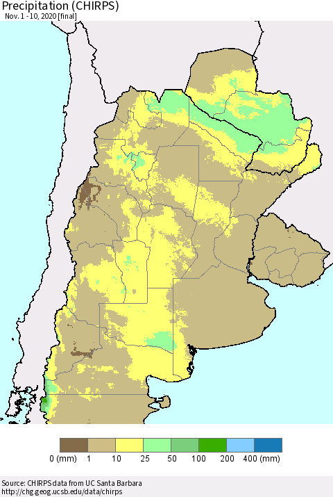Southern South America Precipitation (CHIRPS) Thematic Map For 11/1/2020 - 11/10/2020