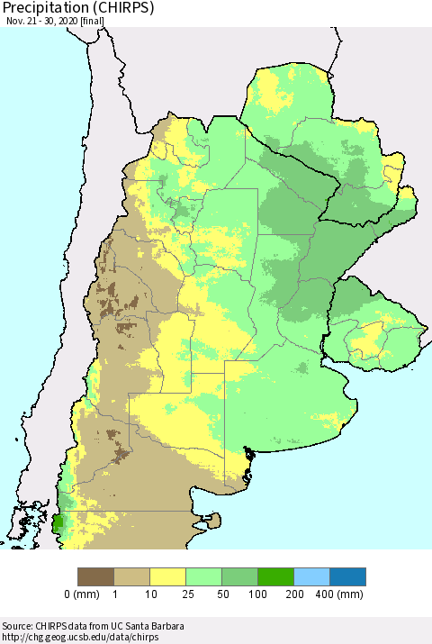 Southern South America Precipitation (CHIRPS) Thematic Map For 11/21/2020 - 11/30/2020