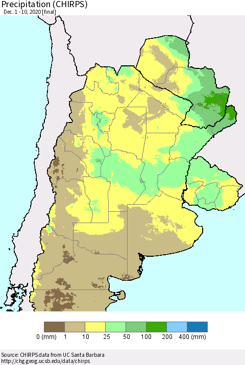 Southern South America Precipitation (CHIRPS) Thematic Map For 12/1/2020 - 12/10/2020
