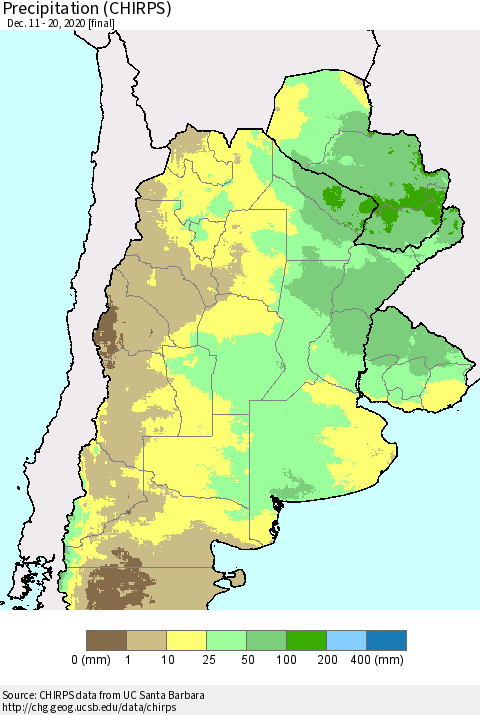 Southern South America Precipitation (CHIRPS) Thematic Map For 12/11/2020 - 12/20/2020