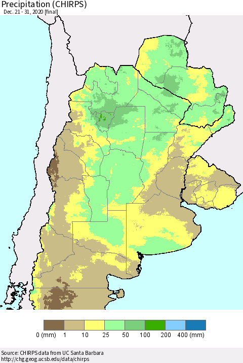 Southern South America Precipitation (CHIRPS) Thematic Map For 12/21/2020 - 12/31/2020