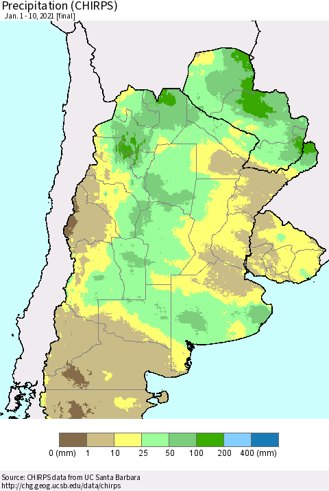 Southern South America Precipitation (CHIRPS) Thematic Map For 1/1/2021 - 1/10/2021