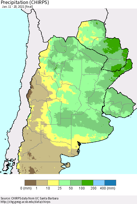 Southern South America Precipitation (CHIRPS) Thematic Map For 1/11/2021 - 1/20/2021