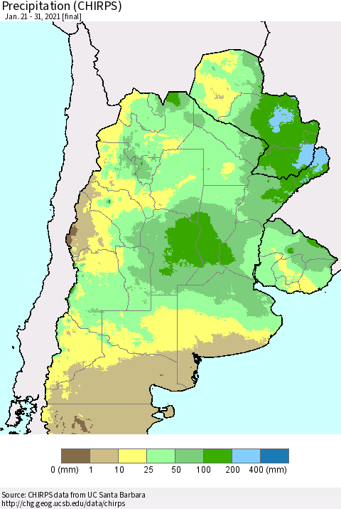 Southern South America Precipitation (CHIRPS) Thematic Map For 1/21/2021 - 1/31/2021