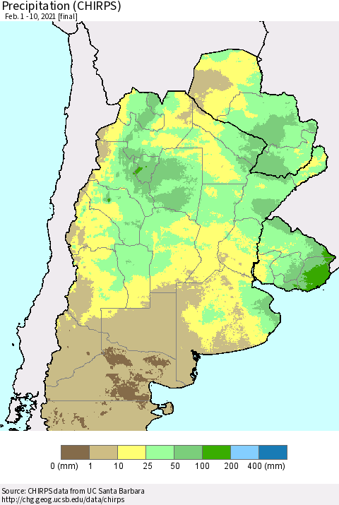 Southern South America Precipitation (CHIRPS) Thematic Map For 2/1/2021 - 2/10/2021