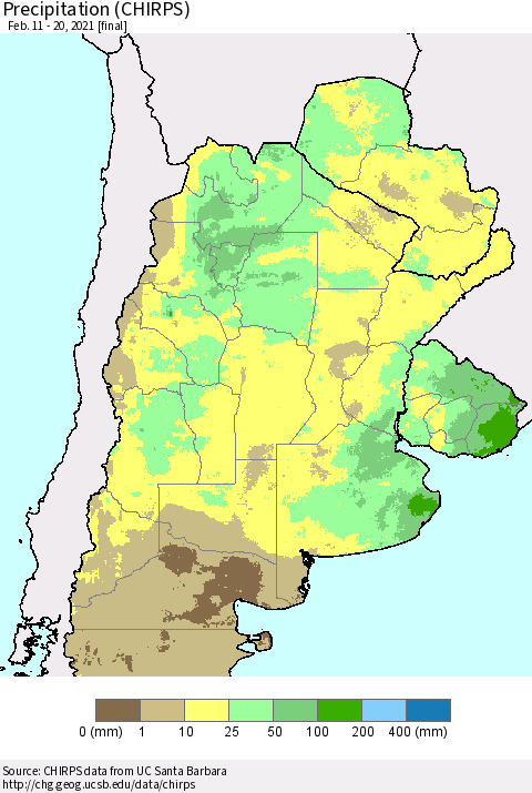 Southern South America Precipitation (CHIRPS) Thematic Map For 2/11/2021 - 2/20/2021