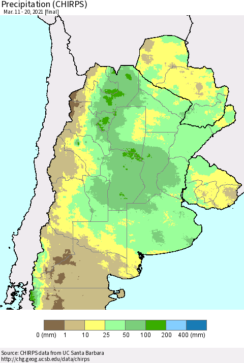 Southern South America Precipitation (CHIRPS) Thematic Map For 3/11/2021 - 3/20/2021