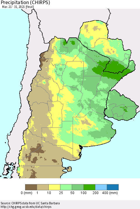 Southern South America Precipitation (CHIRPS) Thematic Map For 3/21/2021 - 3/31/2021