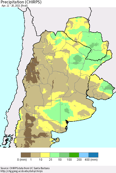 Southern South America Precipitation (CHIRPS) Thematic Map For 4/11/2021 - 4/20/2021