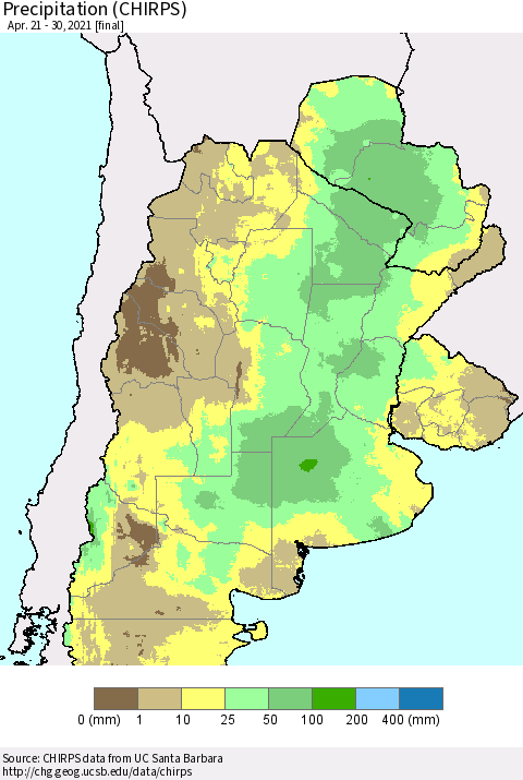 Southern South America Precipitation (CHIRPS) Thematic Map For 4/21/2021 - 4/30/2021