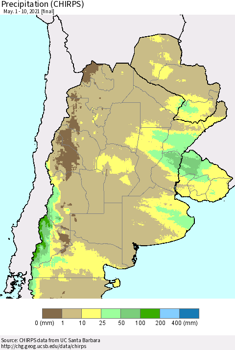 Southern South America Precipitation (CHIRPS) Thematic Map For 5/1/2021 - 5/10/2021