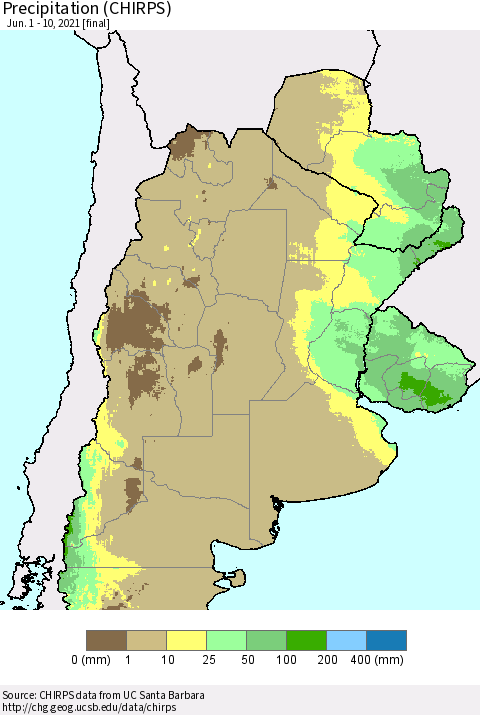 Southern South America Precipitation (CHIRPS) Thematic Map For 6/1/2021 - 6/10/2021