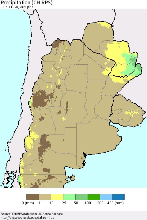 Southern South America Precipitation (CHIRPS) Thematic Map For 6/11/2021 - 6/20/2021